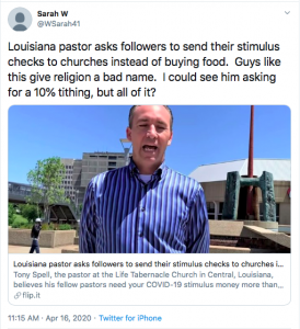 Louisiana pastor asks followers to send their stimulus checks to churches instead of buying food.
