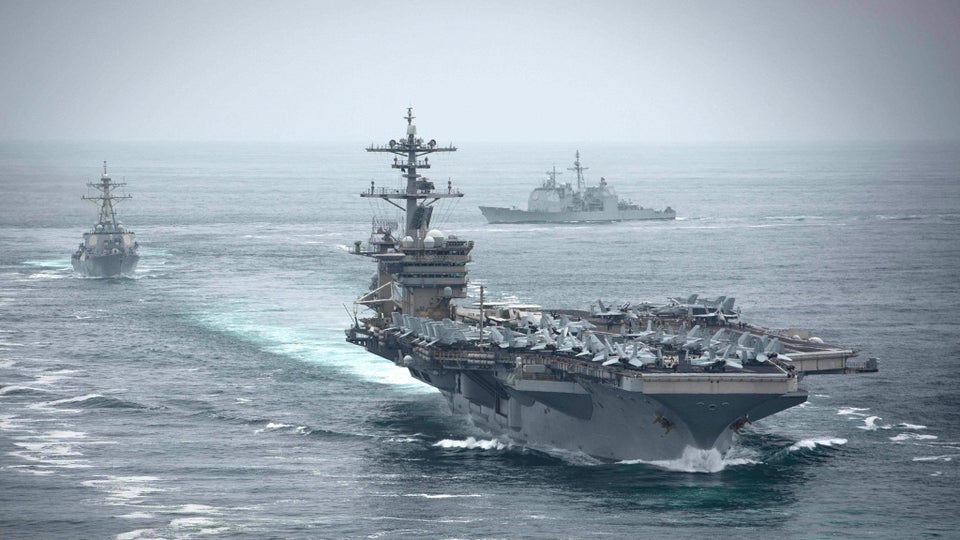 USS Theodore Roosevelt (CVN 71), Arleigh Burke-class guided-missile destroyer USS Russell (DDG 59), Ticonderoga-class guided-missile cruiser USS Bunker Hill (CG 52). July 30, 2019 photo by PO2 Anthony J Rivera.